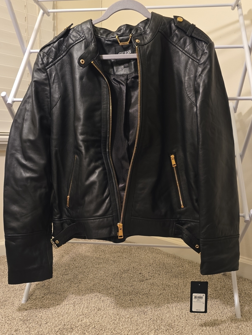 GUESS Black Genuine Leather Jacket with Gold Hardware